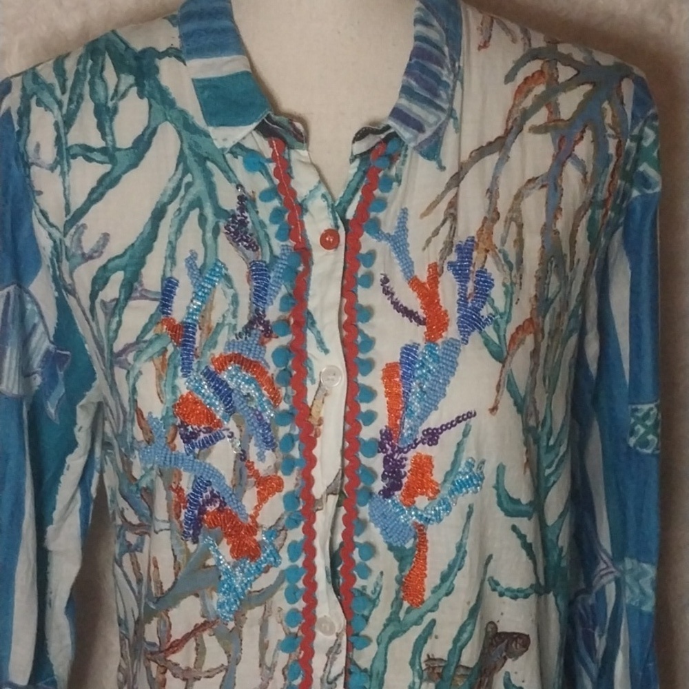 Antica Sartoria Giacomo Cinque Blue White Stripe Pink Floral Beaded Tropical - Picture 2 of 8